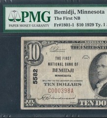 RARE FIRST NATIONAL BANK OF BEMIDJI MINNESOTA 1929 $10, CHARTER# 5582, PMG 25