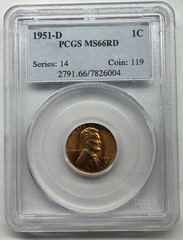 1951-D Lincoln Wheat Cent PCGS MS66RD Free US Shipping
