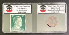 Vintage Germany 1 Reichspfennig Coin & 50 Rp WWII Stamp (1936-1944) in Sleeve