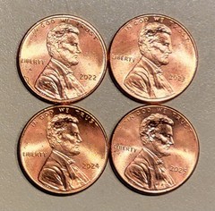 LINCOLN SHIELD Cents Lot of 4 Pennies 2022, 2023, 2024 & 2025 All P Mint BU