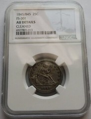 1845/845 Seated Liberty Silver Quarter 25C FS-301 – NGC AU Details Cleaned