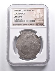 Genuine 1772 El Cazador Spanish Colonial 8 Reales NGC Shipwreck Cert *3708
