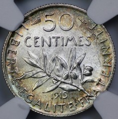 1915 France Silver 50 Centimes NGC MS 65 Olive Green Rim Toning