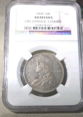 1838 CAPPED BUST REEDED HALF DOLLAR -NGC AU DETAILS OBV DAMAGE CLEANED
