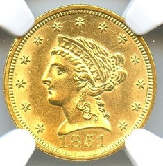 1851 $2.50 Gold Quarter Eagle, NGC MS62, Flashy and Attractive, Free Shipping!