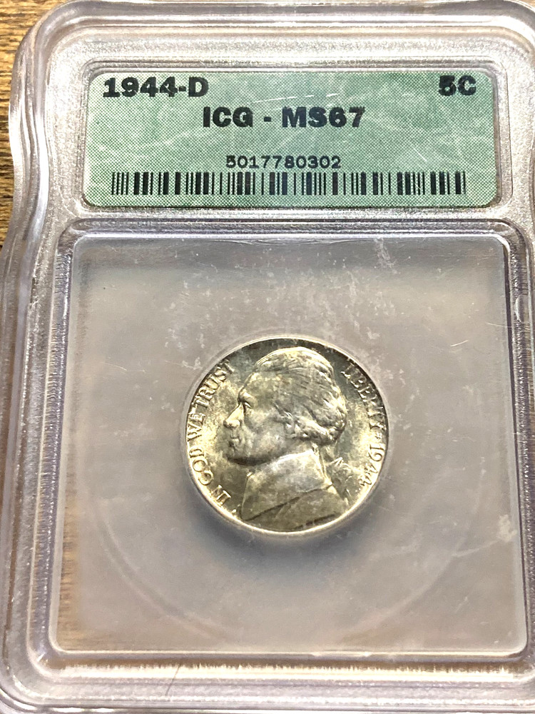 ICG MS-67, 1944-D SILVER WAR NICKLE OLD HOLDER WITH A FEW SCRATHES, SHARP COIN!!