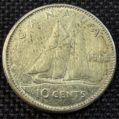 1965 Canada Silver Dime 10 Cents 80% Silver Elizabeth II Bluenose Coin