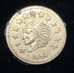 1854 “California Gold” Round 1/2 Indian; RARE, Fractional Pioneer Token/Coin!