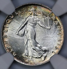 1915 France Silver 50 Centimes NGC MS 65 Olive Green Rim Toning
