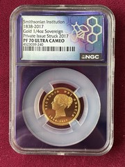 1838-2017 Smithsonian Institution 1/4 oz Gold Sovereign Private Issue NGC Pf70UC