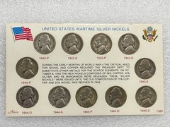 US WARTIME SILVER NICKELS SET COMPLETE ~~ 11 COINS in DISPLAY CARD ~ TONED