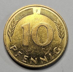 1991 F Germany 10 Ten Pfennig – Brass Clad Steel – German – World Coin – Europe