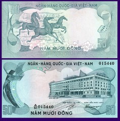 South Viet Nam P30a, 50 Dồng, galloping horses / palace (1972) De La Rue