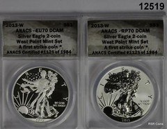 2013 W WEST POINT 2 COIN SILVER EAGLE PROOF SET ANACS CERTIFIED RP70 EU70 #12519