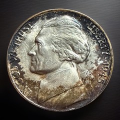1945 D BU Outer Ring Toning Denver Mint Silver Jefferson War Nickel 3002