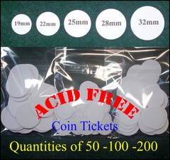 COIN ID PRICE TICKETS 19MM – 22MM – 25MM – 28MM – 32MM ACID FREE CIRCULAR CARD