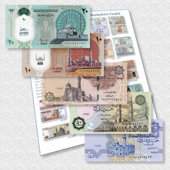 Egyptian Currency 1/4, 1/2, 1, 10 & 20 Pounds UNC Banknote Set and Family Guide