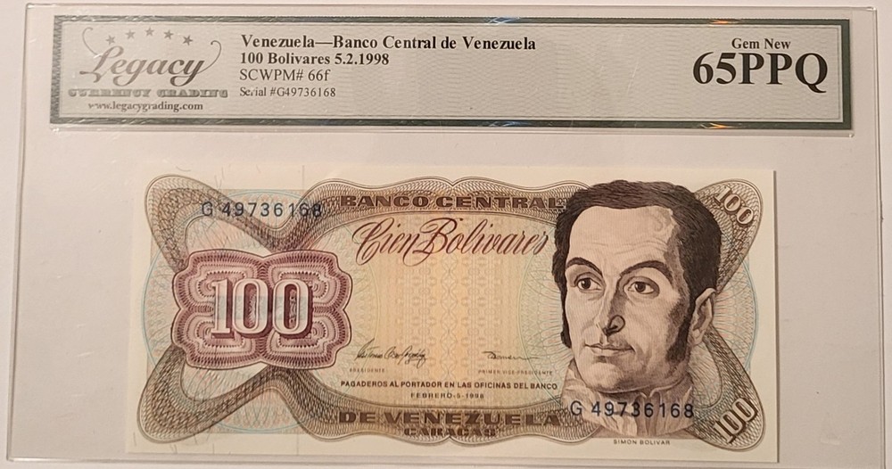 Venezuela 1998 100 Bolivares Bank Note Gem New 65 PPQ Legacy Currency Grading