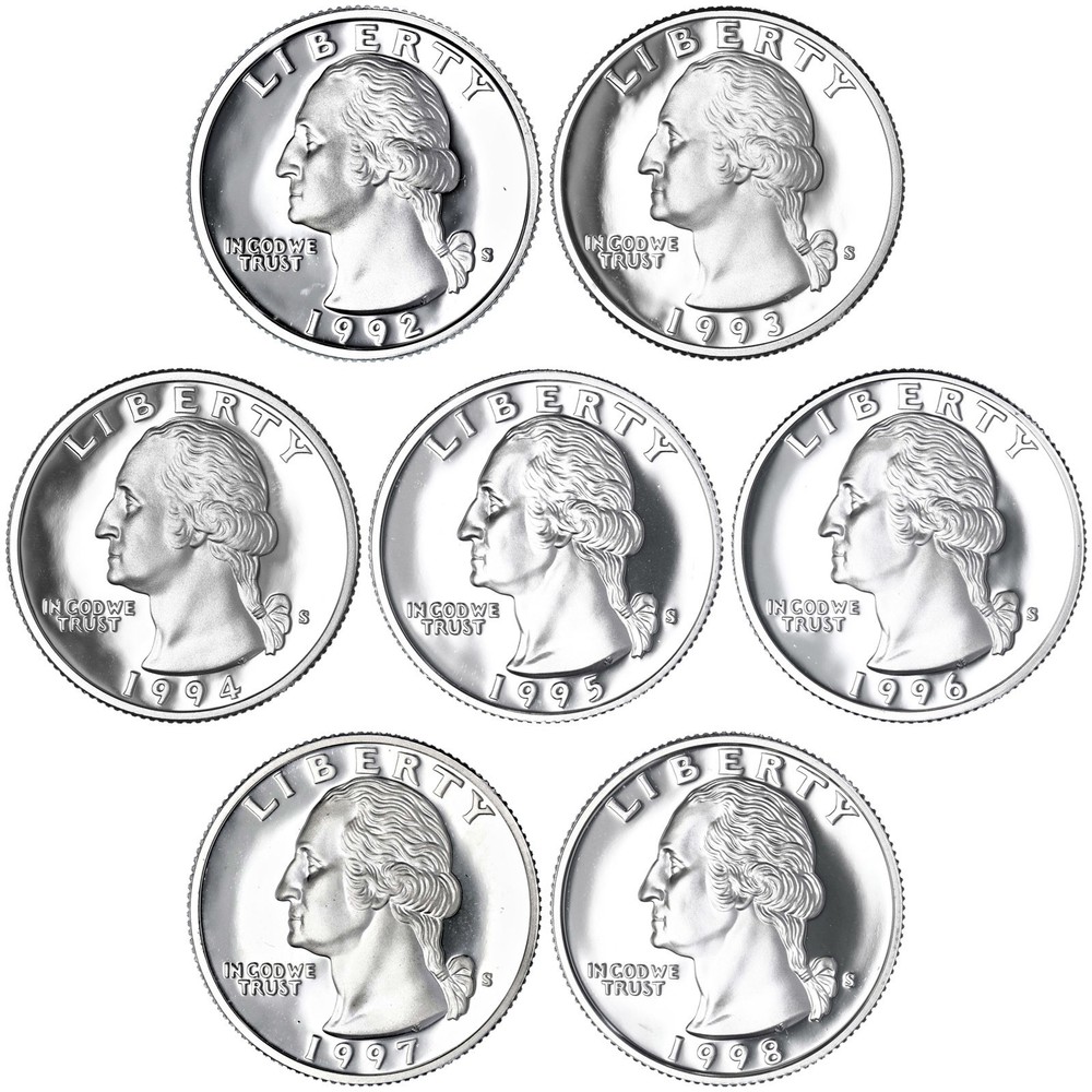 1992-1998 S Washington Quarters 90% Silver Gem DCam Proof Run 7 Coin Set