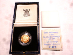 1989 GREAT BRITAIN GOLD PROOF 1/2 SOVEREIGN 500TH ANNIVERSARY BOX COA