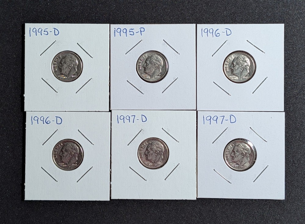 1994D,95P,96D,96D,97D,97D Roosevelt Dimes AU++/Unc Lot 26D02 FREE SHIPPING!