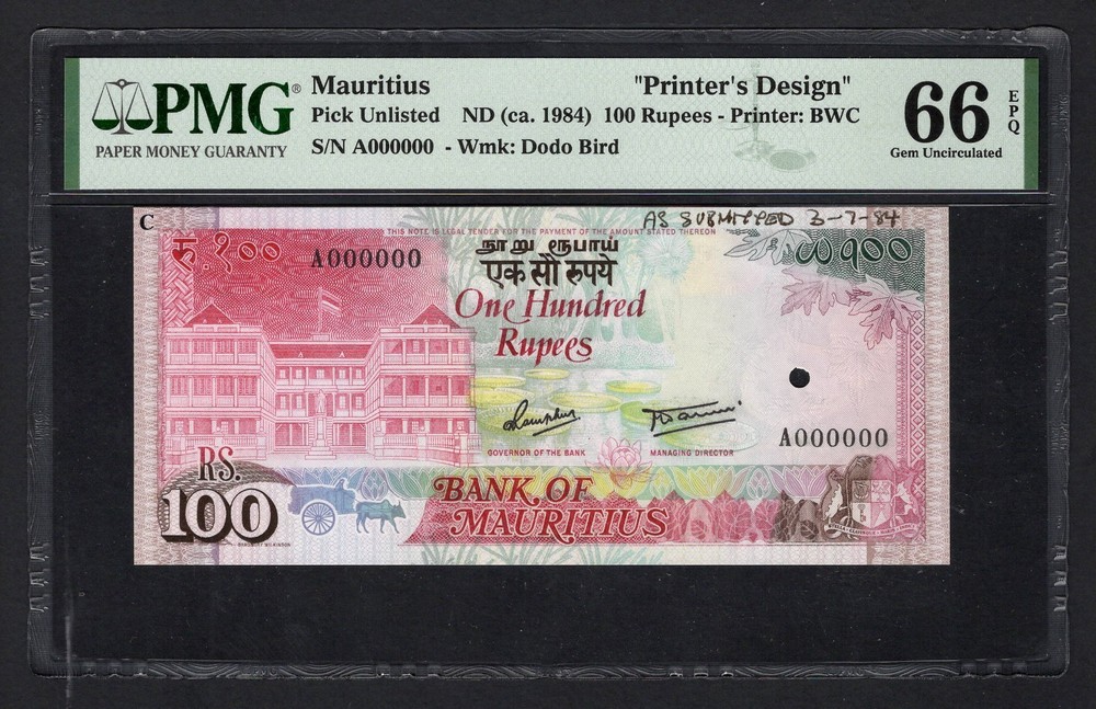 Mauritius 100 Rupees ND(ca. 1984) PUNL “Printer’s Design” UNC Grade 66 Top Pop