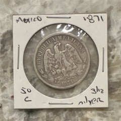 Mexico 1871 50 Centavos Silver Coin 0.9027 Fine Go Mint Mark 148k mintage!