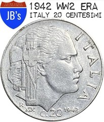 WW2 Era 1942 Italy 20 Centesimi Stainless Steel Coin – Fine/Very Fine (F/VF)