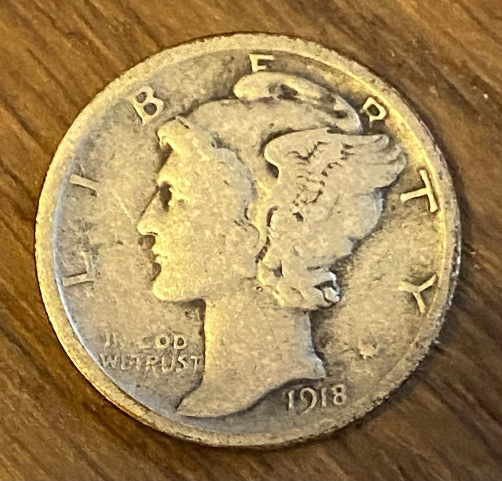 1918-D Mercury Dime VG Denver WWI Era 90% Silver Winged Liberty US Coin 10c