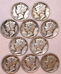 (10) Circulated Mercury Dimes – 1935 – 1945 Range – See Description – #3047ED