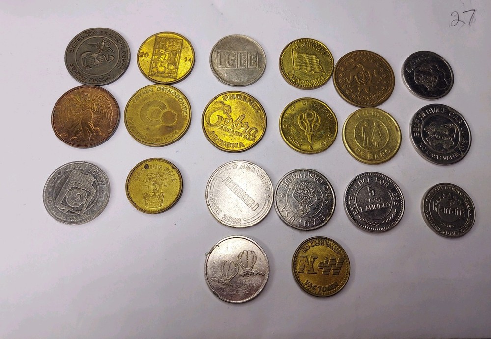 Twenty Tokens. Various Trade And Arcade Tokens. No Dupes. (27)