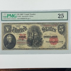 1907 $5 Woodchopper Legal Tender Note Fr. 91 Speelman White PMG 25