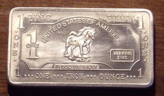 1 Troy Ounce Oz .999 Fine Zinc Horse Bullion Bar…….Free Shipping From Ohio!
