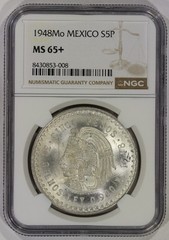 1948 Mo Mexico Silver 5 Pesos NGC MS65+ Cuauhtemoc .900 Plus Grade
