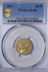 1911 $2.50 Gold Indian Quarter Eagle PCGS AU58 WSTFLM