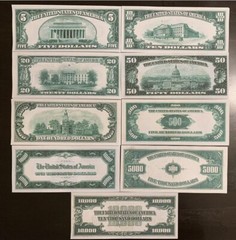 Reproduction 1928 Federal Reserve Note Set $5 -$10,000 Complete Set 9 Notes
