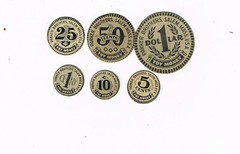 c1900 PARKER BROTHERS TOY MONEY Paper Coin Lot 6 pcs – 1c 5c 10c 25c 50c $1