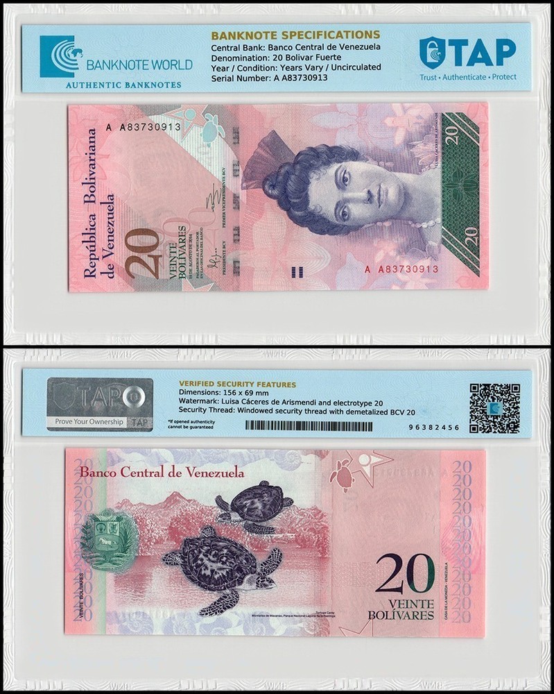 Venezuela 20 Bolivar Fuerte, 2007-2017, P-91a, UNC, TAP Authenticated
