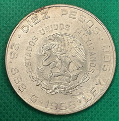 1956 Mo Mexico Silver 10 Pesos Hidalgo Grande KM# 474