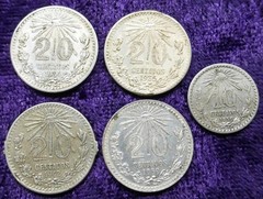 5 Mexico 72% Silver Coins, 1930 10-Centavos, 1934, 1935, 1939, 1942 20-Centavos