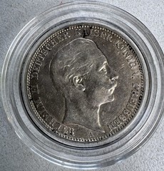 1908 German Prussia 3 Mark Kaiser Wilhelm II .900 Silver Coin A=Berlin Mint