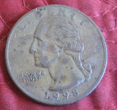 Washington 25c (quarter) coin with copper obverse (no cupro-nickel cladding)