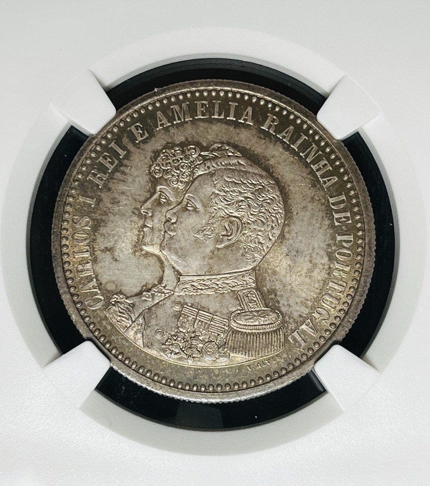Portugal 1898 500 Reis NGC MS65 Green Olive, Soft Russet & Golden Cabinet Patina