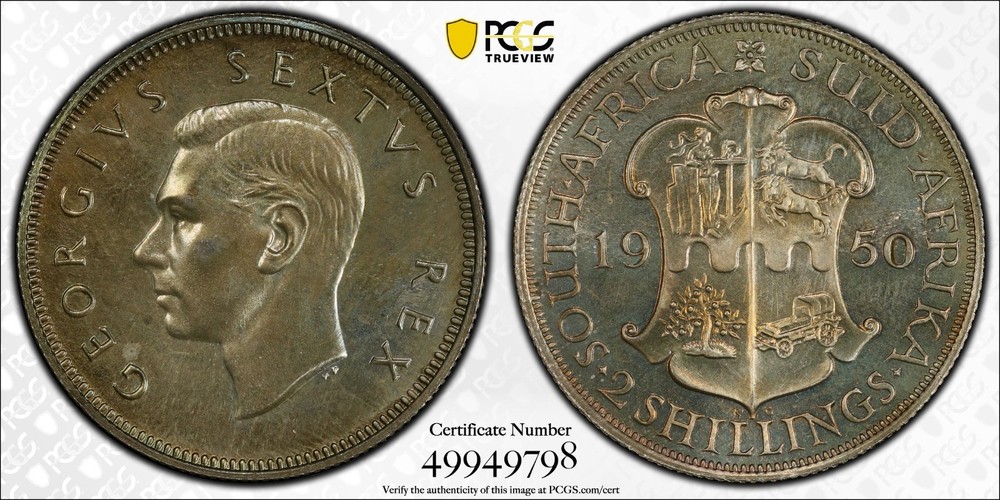 South Africa, 1950 George VI 2 Shillings. PCGS PR 66. 500 Proof Mintage