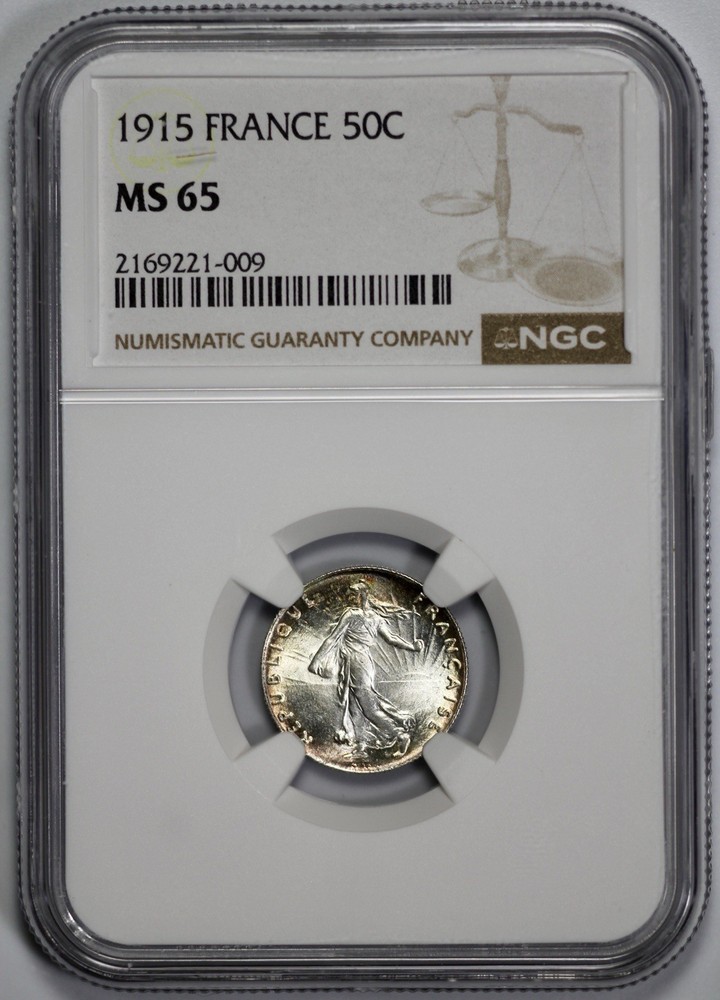 1915 France Silver 50 Centimes NGC MS 65 Olive Green Rim Toning