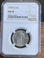 1918 S Standing Liberty Quarter, NGC AU55, Beautiful Coin With Great Luster!