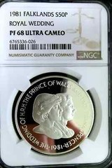 Falklands 1981 Princess Diana & charles NGC PF 68 Silver 50 Pence Royal Wedding