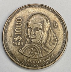 1989 Mexico 1000 Pesos – Mexican Coin – Aluminum Bronze -Juana de Asbaje – L2