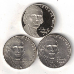 2008-S San Francisco Proof Jefferson Nickel with Philadelphia & Denver (3 Coins)