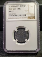 AH1395//1975 Iraq 5 Fils Stainless Steel KM#141 – NGC MS 64